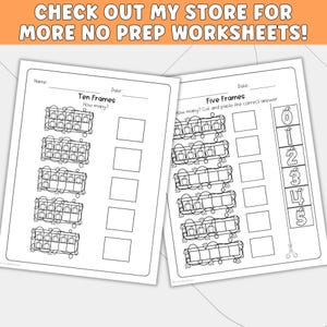 May include: Two educational worksheets featuring black and white line art of pumpkins in ten frames and five frames. The text includes 'Ten Frames', 'Five Frames', 'How many?', 'Name:', 'Date:', and 'Cut and paste the correct answer'.