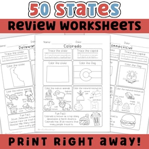 Hojas de repaso de los 50 estados / Páginas para calcar y colorear, Hojas de trabajo de geografía de EE. UU., Imprimibles de estudios sociales para la educación en casa, Capitales de los estados