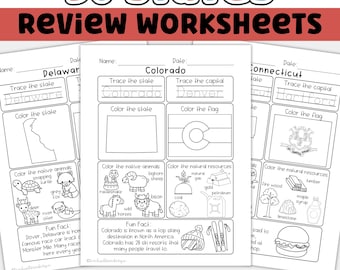 50 States Review Worksheets | Tracing & Coloring Pages, USA Geography Worksheets, Homeschool Social Studies Printables, State Capitals