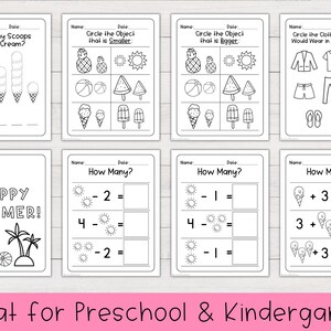 May include: Black and white printable worksheet for preschool and kindergarten with summer-themed activities. The worksheet includes counting ice cream scoops, comparing sizes of objects, adding and subtracting numbers, and identifying summer clothing.