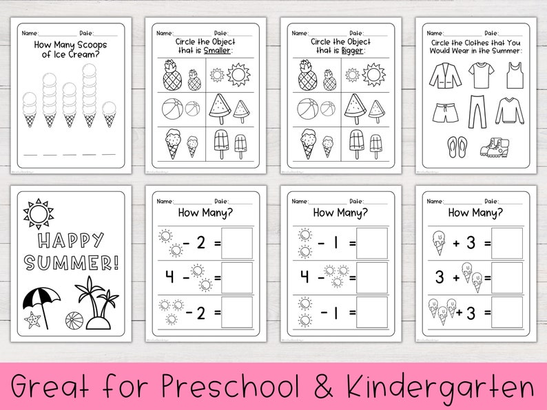 May include: Black and white printable worksheet for preschool and kindergarten with summer-themed activities. The worksheet includes counting ice cream scoops, comparing sizes of objects, adding and subtracting numbers, and identifying summer clothing.