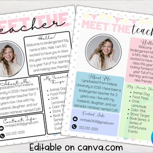 Plantilla editable para conocer al maestro / Arco iris pastel / Regreso a la escuela, Plantilla para maestros, Plantilla editable, Primer día de clases, Casa abierta