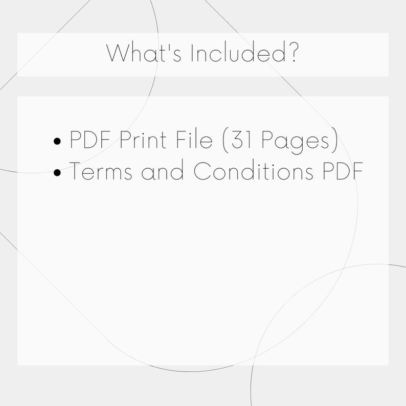 Puede incluir: Fondo blanco con el texto "What's Included?" en la parte superior. Debajo, dos vi&ntilde;etas enumeran los elementos incluidos: "PDF Print File (31 Pages)" y "Terms and Conditions PDF."