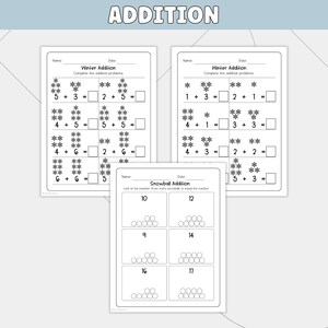 Puede incluir: Tres hojas de trabajo blancas con problemas de suma para ni&ntilde;os. La hoja de trabajo superior dice "Winter Addition" y tiene problemas de matem&aacute;ticas con estrellas. La hoja de trabajo inferior dice "Snowball Addition" y tiene correspondencia de n&uacute;meros.