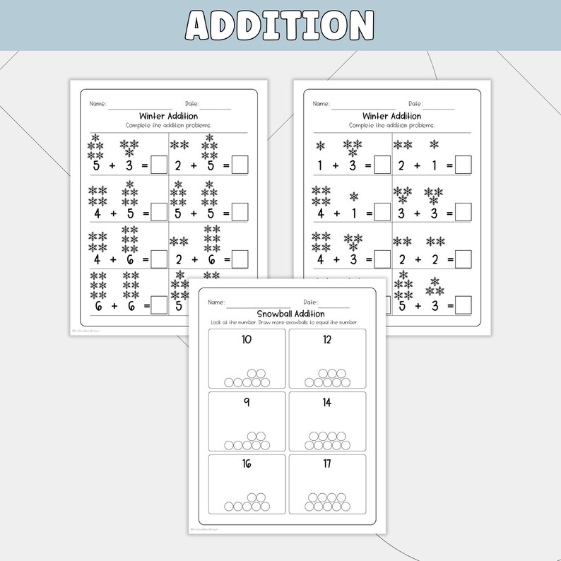 Puede incluir: Tres hojas de trabajo blancas con problemas de suma para ni&ntilde;os. La hoja de trabajo superior dice "Winter Addition" y tiene problemas de matem&aacute;ticas con estrellas. La hoja de trabajo inferior dice "Snowball Addition" y tiene correspondencia de n&uacute;meros.