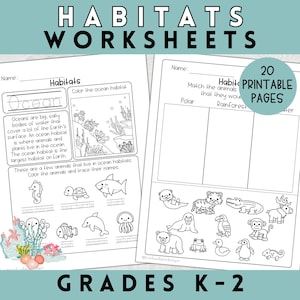 May include: Black and white printable worksheets for kids to learn about habitats. The worksheets feature an ocean habitat with animals like a shark, dolphin, seahorse, and jellyfish. There is also a worksheet with animals to match to different habitats, including a polar bear, tiger, monkey, and penguin.