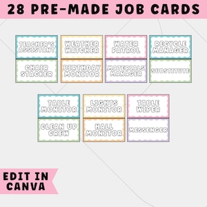 Puede incluir: Un conjunto de 28 tarjetas de trabajo prefabricadas con t&iacute;tulos como "Asistente de profesor" y "Monitor de luces". Las tarjetas son de colores pastel e incluyen el texto "Edit in Canva".