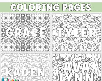 May include: Personalized coloring pages with names Grace, Tyler, Kaden, and Ava Lynn. Each page features a unique black and white design, including patterns, space themes, rainbows, and floral arrangements. Crayons are visible at the bottom.