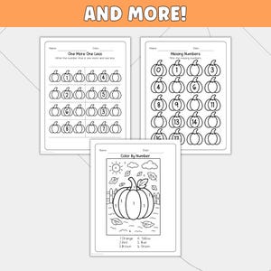 May include: Three educational activity worksheets for children featuring pumpkin themes. The pages include One More One Less, Missing Numbers, and Color By Number exercises with black and white line art, numerical prompts, and text labels.