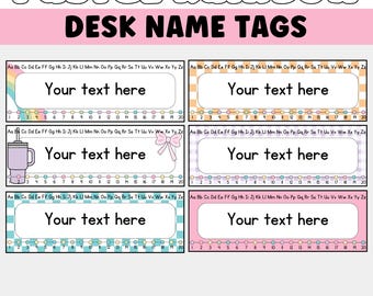 Editable Desk Name Tags for Pastel Rainbow Classroom Decor, Printable Name Plates for Students, Canva Template, Checkered Classroom Decor