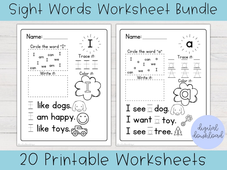 May include: Black and white printable worksheet for learning the sight words "I" and "a". The worksheet includes activities such as tracing, circling, writing, and coloring the letters. The worksheet also includes sentences using the sight words.
