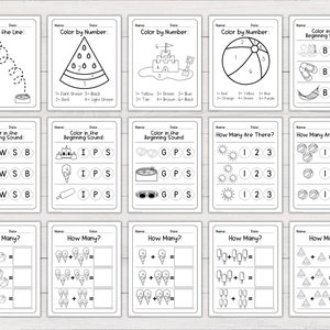 May include: A set of 10 printable summer-themed worksheets for kids. The worksheets include activities such as tracing lines, coloring by number, identifying beginning sounds, and counting objects. The worksheets feature images of a watermelon, beach ball, ice cream cone, sunglasses, and a sandcastle.