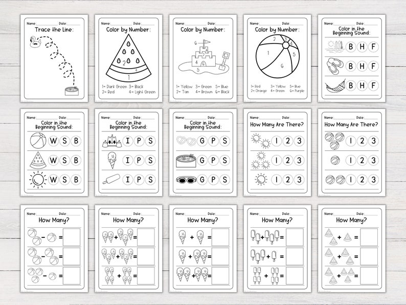May include: A set of 10 printable summer-themed worksheets for kids. The worksheets include activities such as tracing lines, coloring by number, identifying beginning sounds, and counting objects. The worksheets feature images of a watermelon, beach ball, ice cream cone, sunglasses, and a sandcastle.