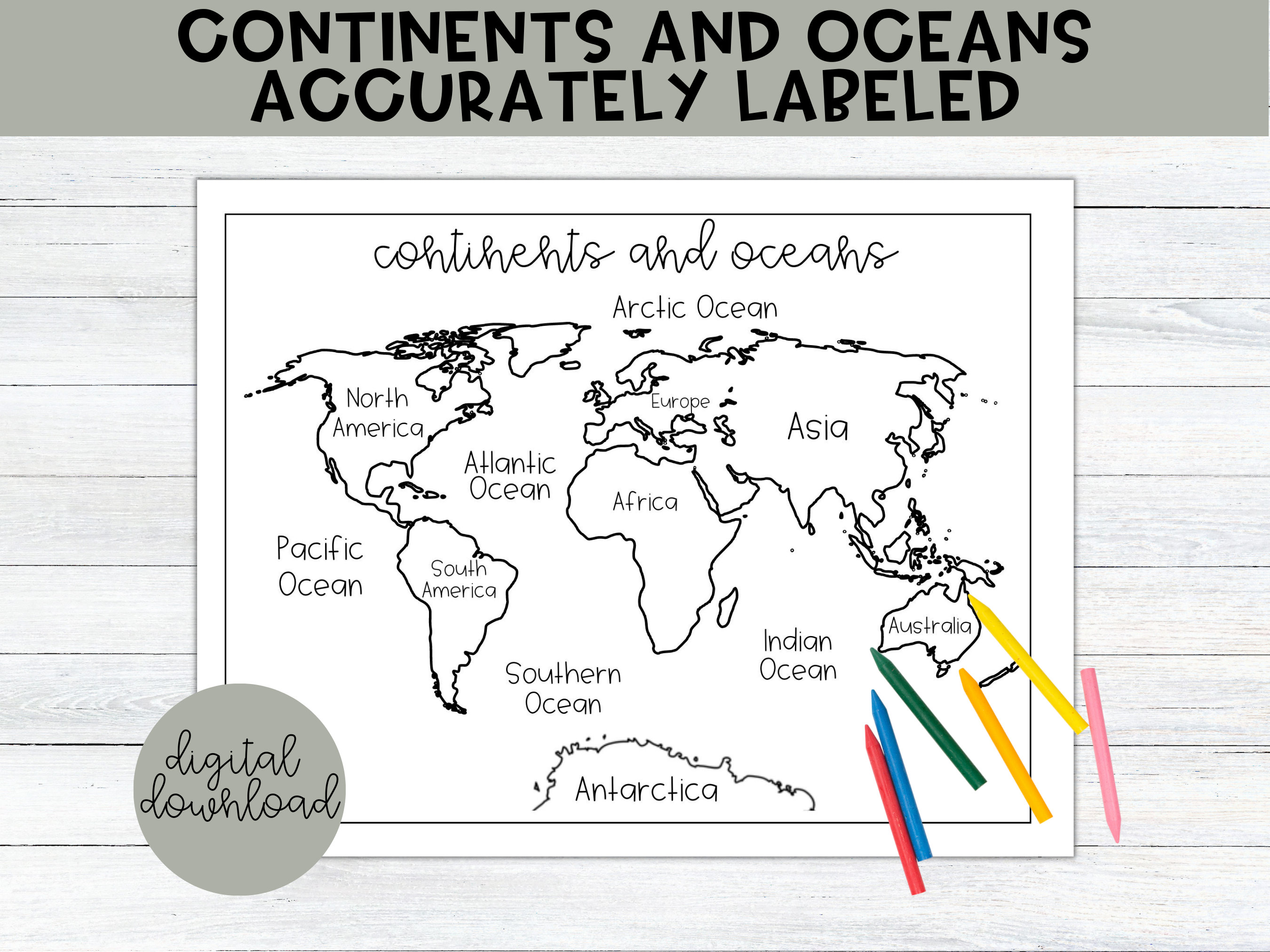 Printable World Map Black and White World Map Continents - Etsy