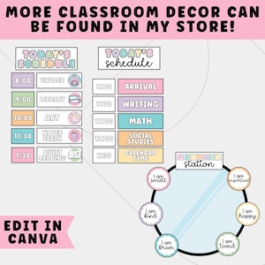 Puede incluir: Imagen de decoraci&oacute;n de aula con el texto "MORE CLASSROOM DECOR CAN BE FOUND IN MY STORE!". Incluye dos gr&aacute;ficos de "Today's Schedule", una "Affirmation Station" y el texto "EDIT IN CANVA".