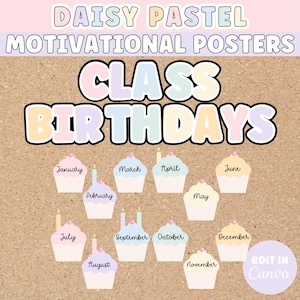 Exhibición de cumpleaños editable para decoración de aula con margaritas pastel, tablón de anuncios, gráfico de cumpleaños para estudiantes, recurso para maestros de regreso a clases, Canva