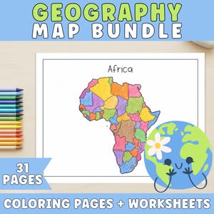 May include: A Geography Map Bundle with the text "GEOGRAPHY MAP BUNDLE" in green and white. The image includes a colourful map of Africa, a globe with a smiling face, and the text "31 PAGES COLORING PAGES + WORKSHEETS".
