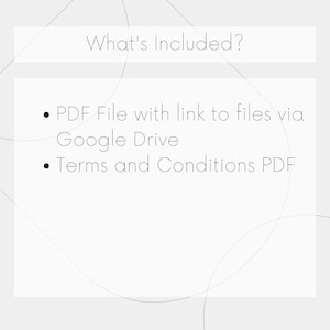 Op de afbeelding: Witte achtergrond met de tekst "What's Included?" en opsommingstekens met een PDF-bestand met een Google Drive-link en een PDF met algemene voorwaarden. Het ontwerp bevat subtiele grijze lijnen en vormen.