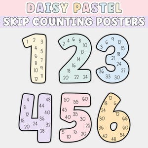 May include: Pastel-colored skip counting posters featuring the numbers 1 through 6. Each number is outlined in a different color and filled with multiples. The text "DAISY PASTEL" and "SKIP COUNTING POSTERS" are at the top.