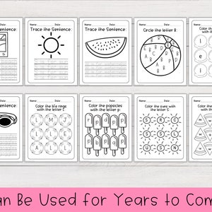 May include: Black and white printable worksheets for kids featuring summer themes like ice cream, popsicles, watermelon, sunglasses, and the sun. The worksheets include tracing sentences, coloring by letter, and circling letters.