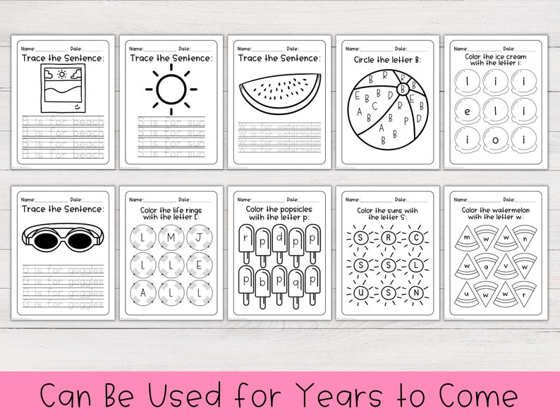 May include: Black and white printable worksheets for kids featuring summer themes like ice cream, popsicles, watermelon, sunglasses, and the sun. The worksheets include tracing sentences, coloring by letter, and circling letters.