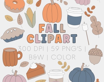 Herbst Doodle Clipart | Handgezeichnete Herbst Clip Art in Farbe & Schwarz Weiss | Niedliches Herbst Clipart für Lehrer, Arbeitsblätter und Sticker