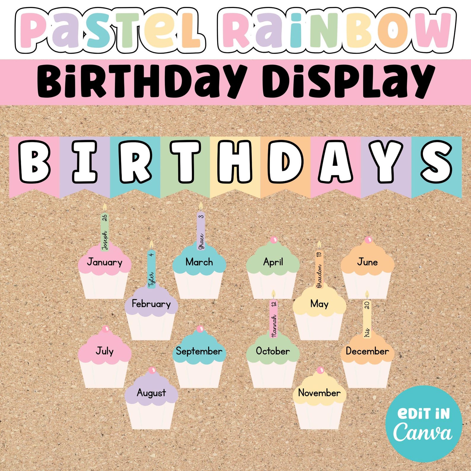Editable Birthday Display Bulletin Board | Pastel Rainbow Classroom ...