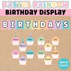 Bearbeitbares Bulletin Board für die Geburtstagsanzeige | Pastellfarbenes Regenbogen-Klassenzimmer-Dekor, Geburtstagskarte für Schüler, Schulanfang-Lehrerresultat, Canva