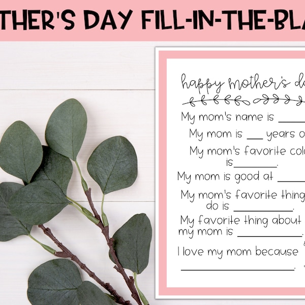 Mother's Day Fill-in-the-Blank Worksheet | Mother's Day Fill in the Blank, Mothers Day Printable, All About My Mom, Gift from Kids, Download