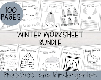 May include: Black and white printable winter themed worksheets for preschool and kindergarten. The worksheets include activities such as tracing lines, coloring by number, circling letters, and tracing letters. The text "100 PAGES" and "WINTER WORKSHEET BUNDLE" is visible on the image.