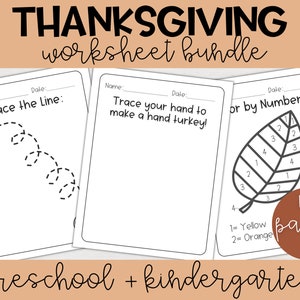 May include: A Thanksgiving worksheet bundle for preschool and kindergarten. The bundle includes 50 pages of worksheets with activities like tracing lines, coloring by number, and making a hand turkey.