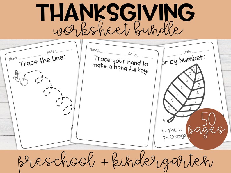May include: A Thanksgiving worksheet bundle for preschool and kindergarten. The bundle includes 50 pages of worksheets with activities like tracing lines, coloring by number, and making a hand turkey.