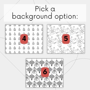 May include: Three options for a Christmas background pattern: a black and white pattern of Christmas trees, a black and white pattern of ornaments and stars, and a black and white pattern of ornaments and snowflakes.