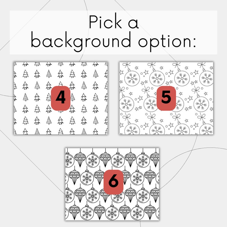 May include: Three options for a Christmas background pattern: a black and white pattern of Christmas trees, a black and white pattern of ornaments and stars, and a black and white pattern of ornaments and snowflakes.