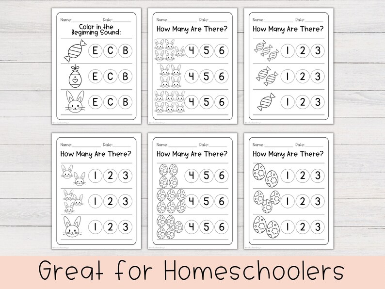 May include: A set of six black and white printable worksheets for early learning. The worksheets feature Easter-themed images like eggs, bunnies, and candy, with prompts for counting and identifying beginning sounds. The phrase "Great for Homeschoolers" is at the bottom.