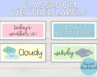 Pastel Rainbow Weather Labels | Classroom Decor, Polka Dots, Pastel Classroom Theme, Printable Wall Art, Bulletin Board, Classroom Posters