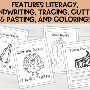 May include: A set of five printable Thanksgiving-themed worksheets for kids. The worksheets feature activities such as cutting and pasting, tracing letters, circling letters, and coloring a turkey.