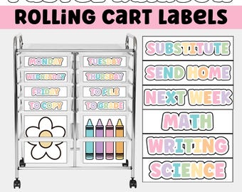 Etiquetas editables para carritos de compras con ruedas para el aula con arcoíris pastel. Etiquetas editables e imprimibles para carritos de profesores. Decoración para el aula de vuelta al cole.