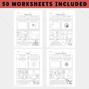 50 States Review Worksheets | Tracing & Coloring Pages, USA Geography ...