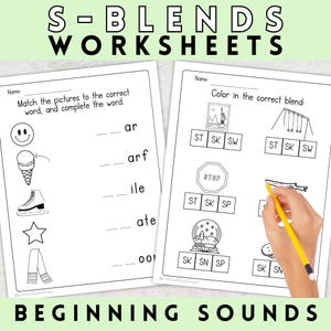 May include: Black and white printable worksheets for kids to practice identifying and coloring in the correct s-blends. The worksheets feature pictures of a smiley face, ice cream cone, ice skate, star, scarf, a swing set, a stop sign, and a snow globe.