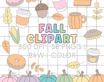 Herbst Doodle Clipart für Pastell Regenbogen Klassenzimmer | Handgezeichnete Herbst Clip Art in Farbe & Schwarz Weiss | Niedliches Herbst Clipart für Lehrer