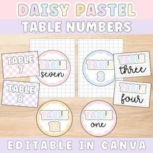 May include: A selection of pastel table number cards and circular designs. The cards display numbers and words such as "seven", "three", and "four". The text "DAISY PASTEL TABLE NUMBERS" and "EDITABLE IN CANVA" are also visible.