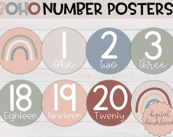 Boho Rainbow Number Posters, Classroom Decor, Classroom Posters, Printable Wall Art, Number Posters, Boho Classroom, Boho Nursery Decor