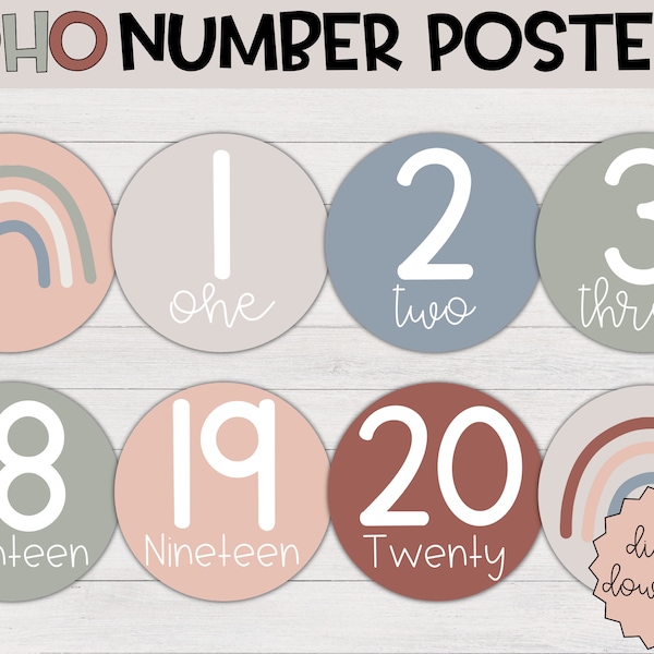 Boho Rainbow Number Posters, Classroom Decor, Classroom Posters, Printable Wall Art, Number Posters, Boho Classroom, Boho Nursery Decor