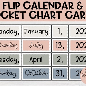 Boho Rainbow Flip Calendar e Cartões de Gráfico de Bolso | Calendário flip, decoração de sala de aula, cartões flip, bolinhas, calendário de sala de aula, perpétuo