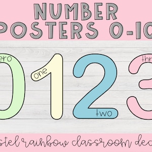 Carteles de números de arco iris pastel 0-10 / Imprimible, Editable, Decoración del aula, Carteles de aula, Cartel educativo, Aula pastel, Alfabeto