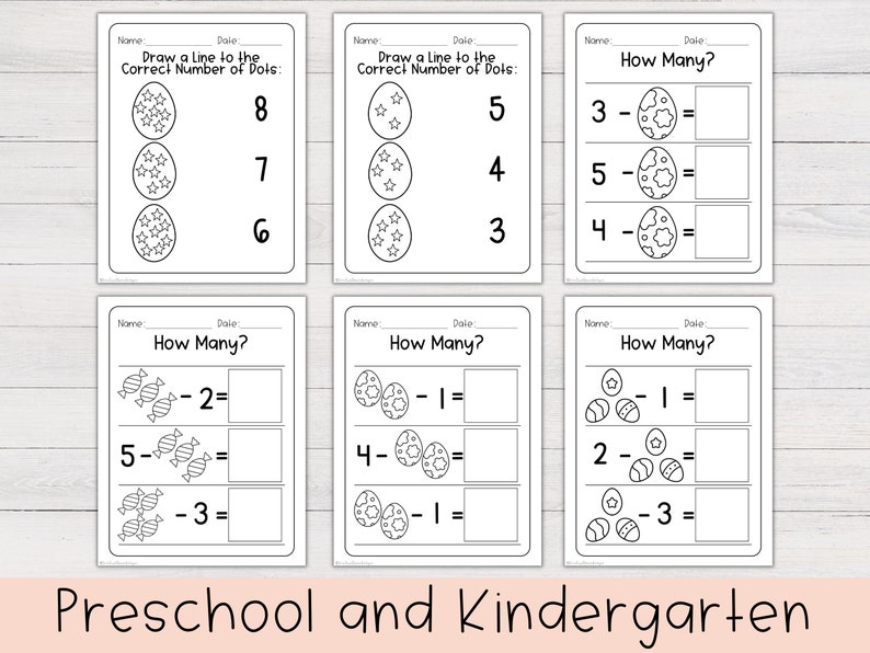 May include: Black and white preschool and kindergarten worksheets with Easter egg and candy graphics. The worksheets include counting and subtraction exercises. The text "Draw a Line to the Correct Number of Dots" and "How Many?" are visible.