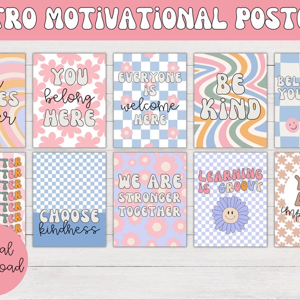 Retro Motivational Posters | Retro Classroom Decor, Growth Mindset, Groovy Motivational Posters, Inspirational Posters, Retro Wall Art
