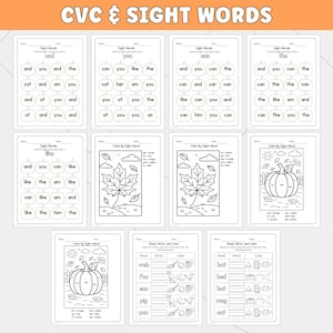 May include: A collection of ten educational worksheets titled CVC & SIGHT WORDS, featuring black and white line art. The pages include pumpkin-themed grids for sight word practice, color-by-word activities with leaves and pumpkins, and tables for reading, writing, and coloring words.