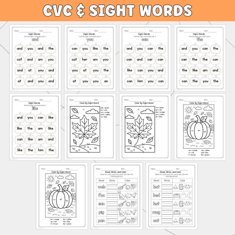May include: A collection of ten educational worksheets titled CVC & SIGHT WORDS, featuring black and white line art. The pages include pumpkin-themed grids for sight word practice, color-by-word activities with leaves and pumpkins, and tables for reading, writing, and coloring words.